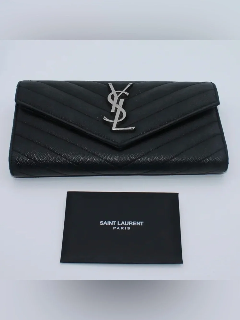 Saint Laurent Monogram Large Flap Wallet Grain de Poudre Black Silver Hardware